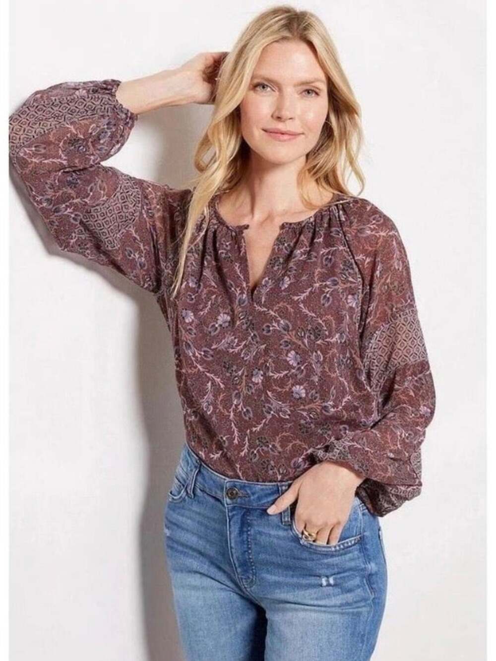 Evereve Brown&Blue Floral Print Cleo Bohemian Long Sleeve Blouse Sz.S